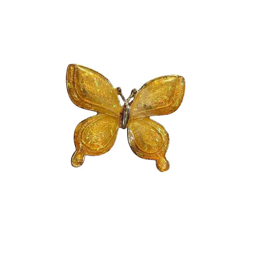 Vintage Glitter Lucite Butterfly Brooch Golden Amber Confetti Resin Pin